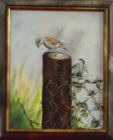 Nr.23 | Hermien Angelink | Musje op paal | Acryl | 23 x 29 | met houten lijst
